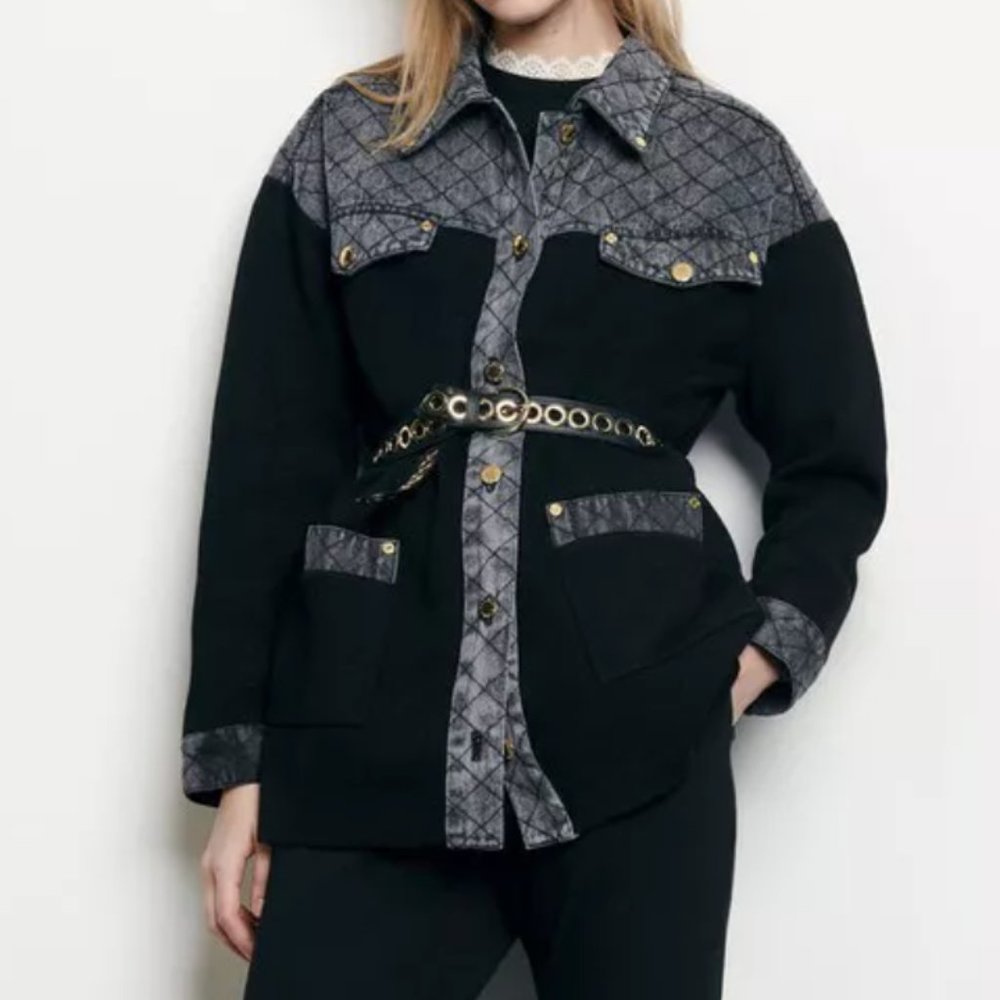 Sandro Kole Denim Trimmed Knit Jacket in Black